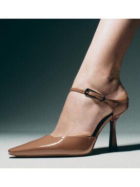 Zara Buckle Heeled Shoes Heels Mules Pointed Pointy Toe Ankle Strap Patent Shiny